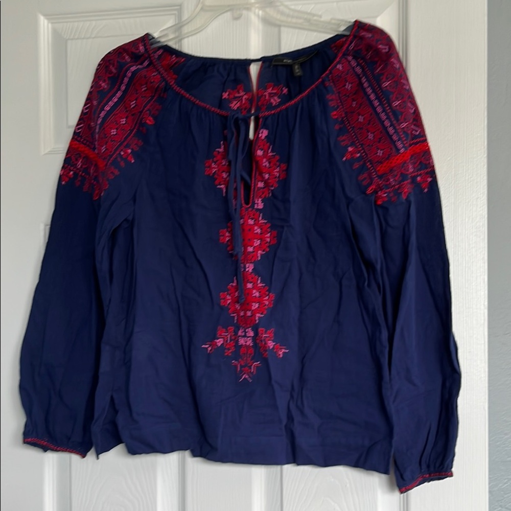 Boho Navy Blouse with Red Embroidery